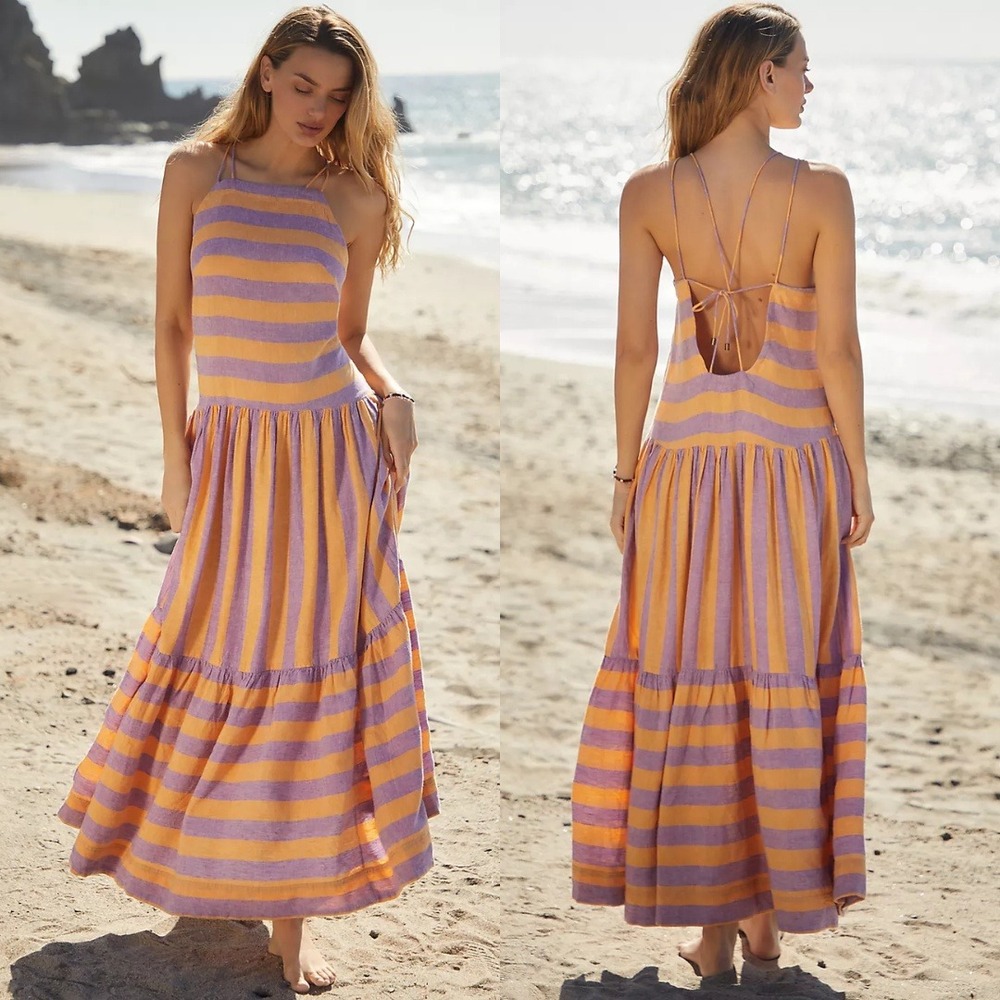 Anthropologie Grommet Halter Maxi Dress Size Small Striped Linen Blend